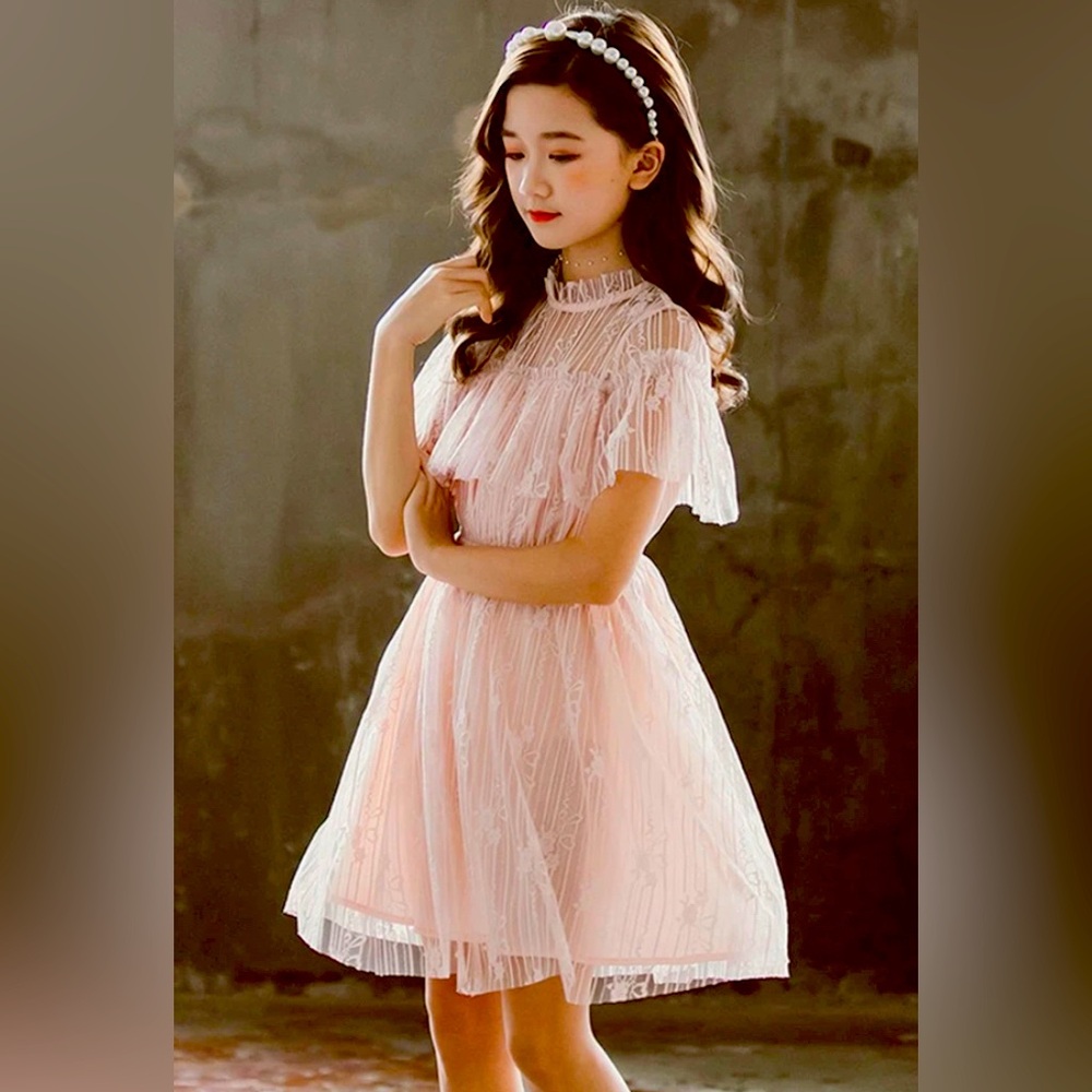 Tween Girl, Rose Pink, Ruffle Neck Mesh Flared Dress - Picture 1 of 3